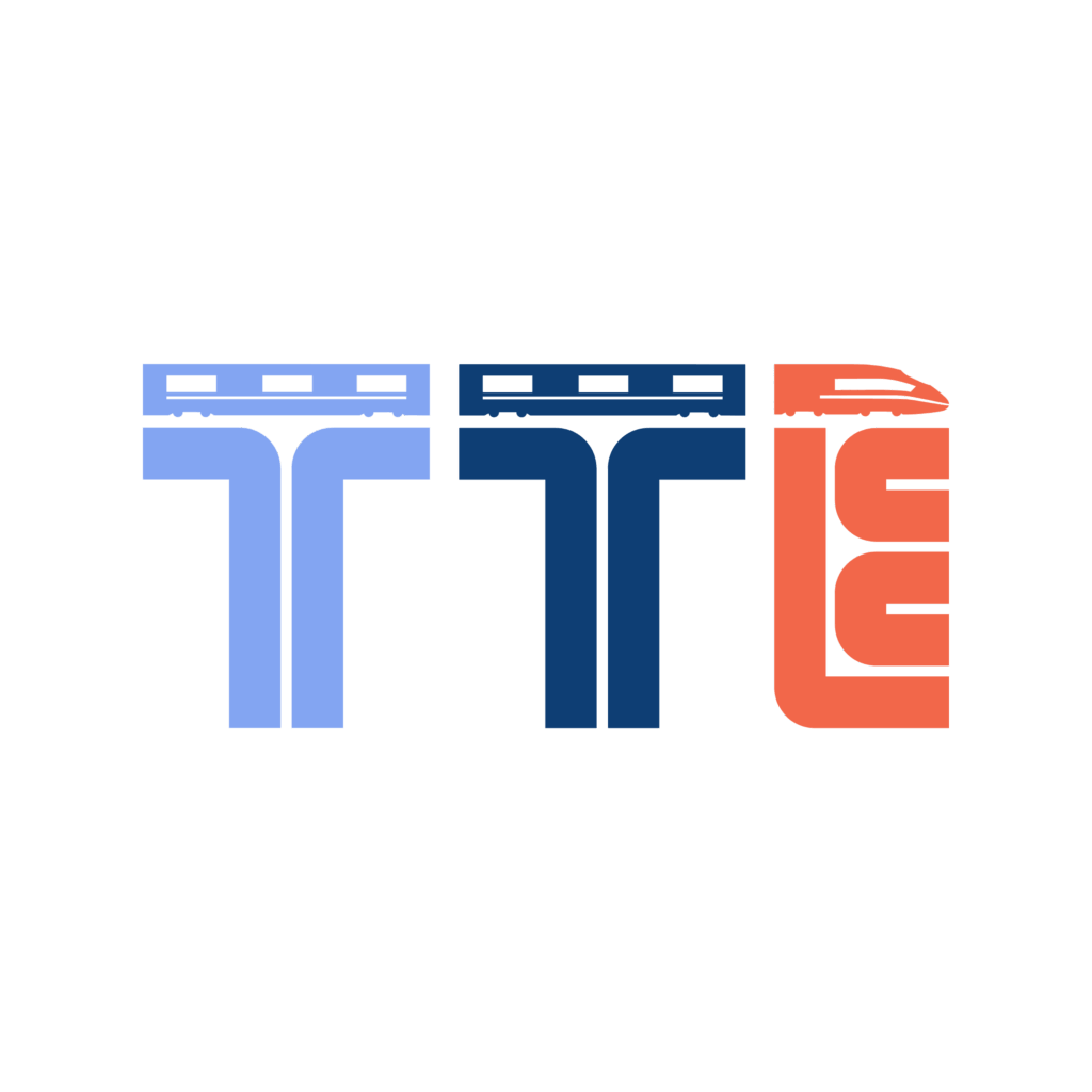 Logo of Train Trips Europe. Consisting of a train, rails and the letters T, T and E.