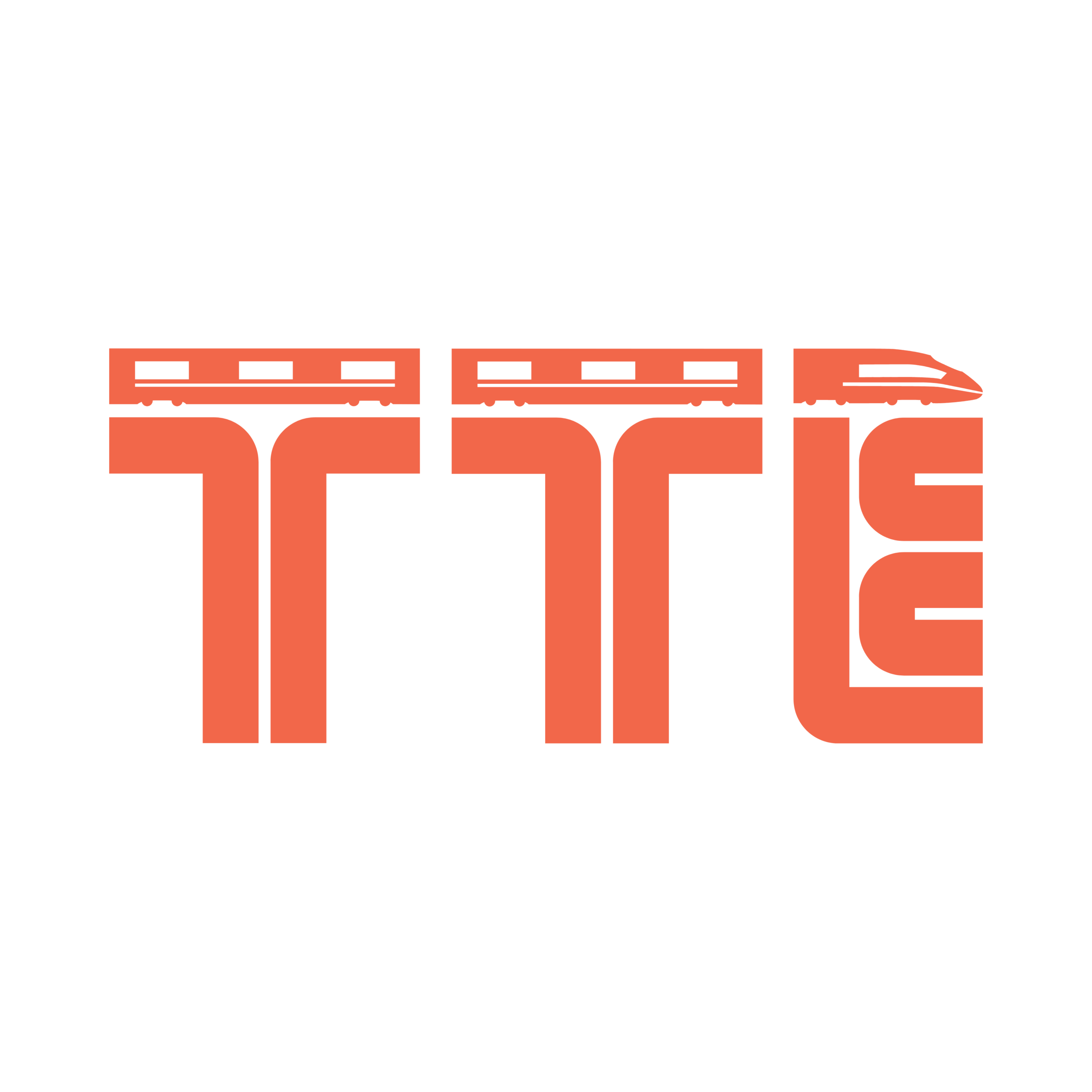 secondary logo of Train Trips Europe. Consisting of a train, rails and the letters T, T and E in the same colours.